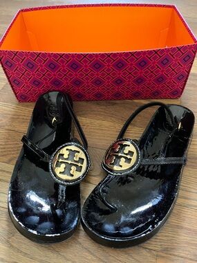 Tory Burch Black Patent Miller Sandals with Gold Medallion